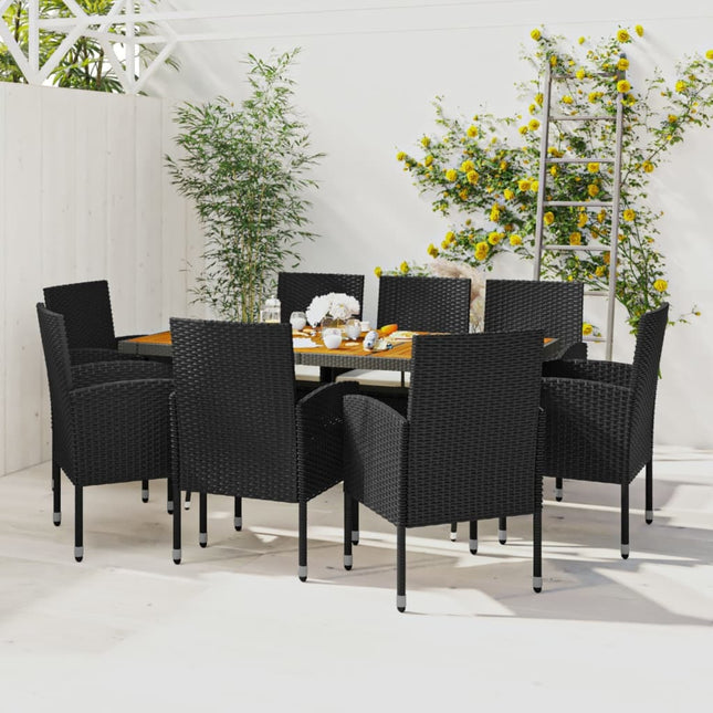 Table et chaises de jardin 8 places en résine tressée noire et acacia