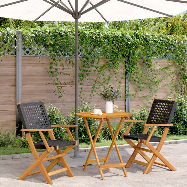 Table ronde et 2 chaises de jardin en résine tressée noire et acacia massif