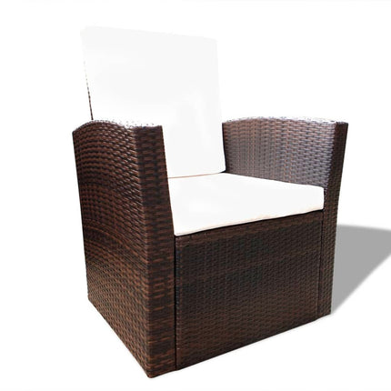 Salon de jardin avec table basse résine tressée marron et coussins crème