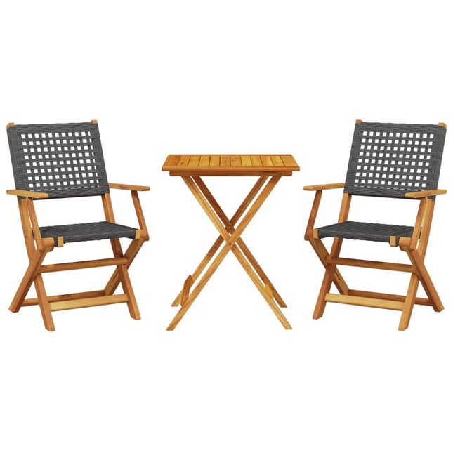 Table carrée et 2 chaises de jardin pliantes en résine tressée noire et acacia massif