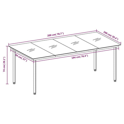 Table repas extérieure en acier noir et verre 200 x 100 cm