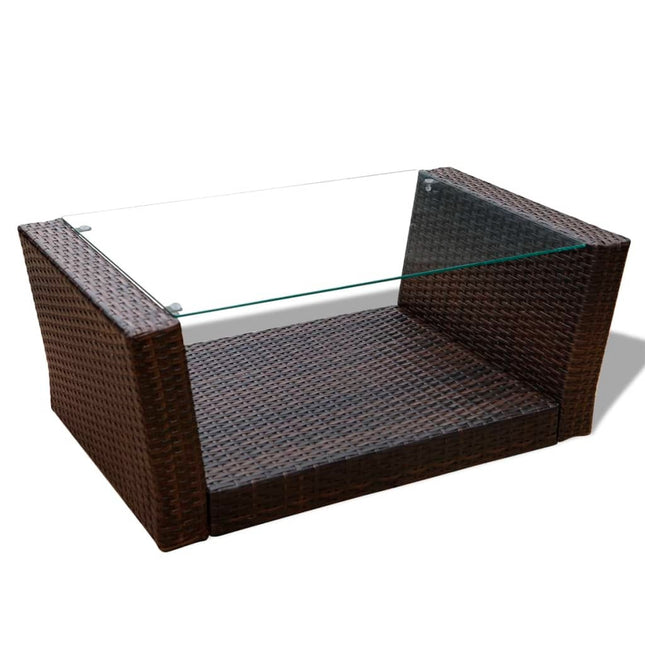 Salon de jardin avec table basse résine tressée marron et coussins crème