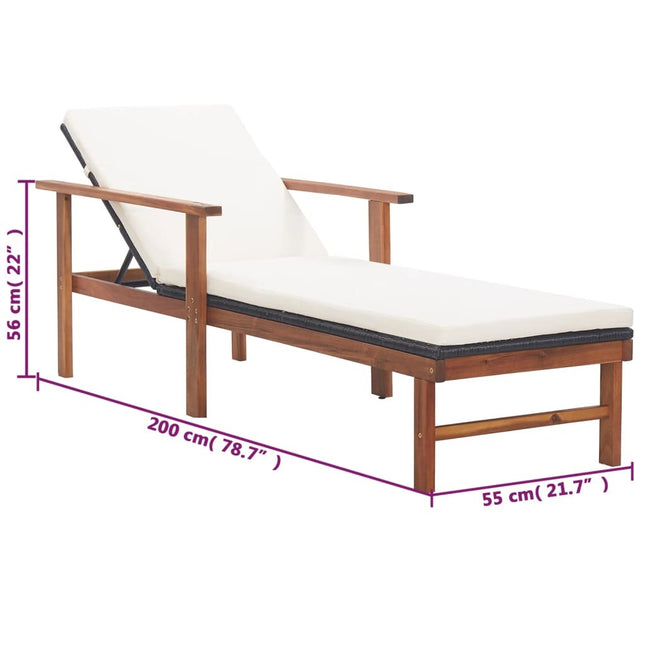 Bain de soleil avec coussin en résine tressée noire et bois d'acacia