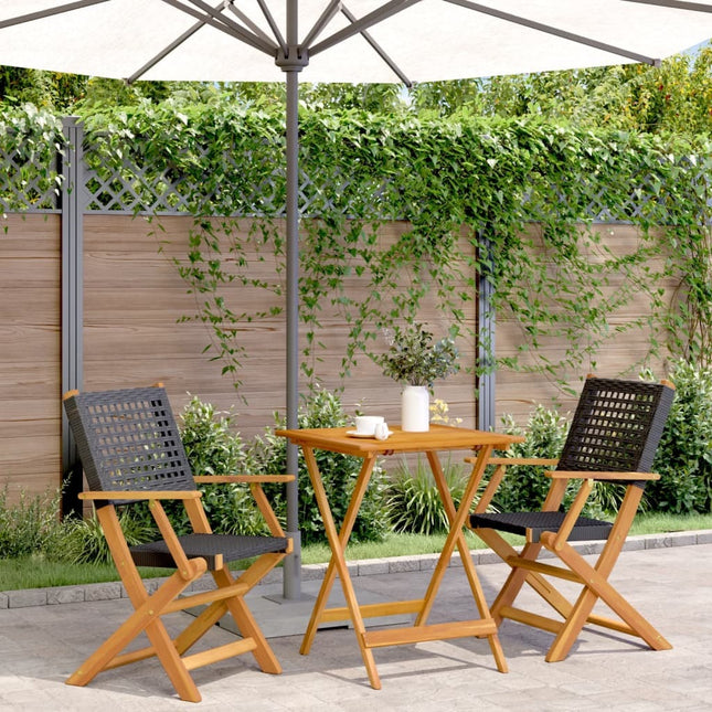 Table carrée et 2 chaises de jardin pliantes en résine tressée noire et acacia massif
