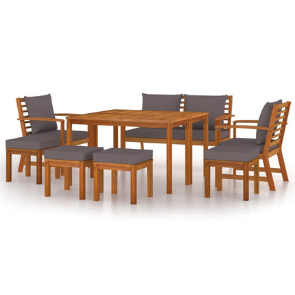 Salon de jardin avec banc, 2 fauteuils, 4 tabourets et coussins gris