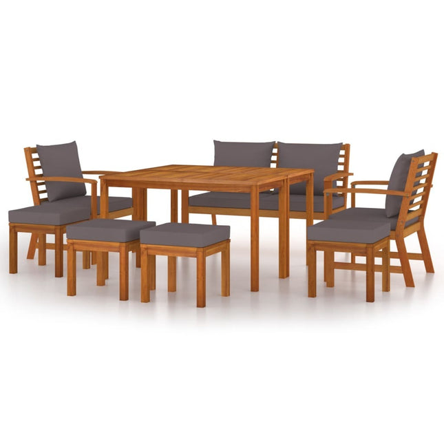 Salon de jardin avec banc, 2 fauteuils, 4 tabourets et coussins gris