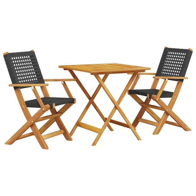 Table carrée et 2 chaises de jardin pliantes en résine tressée noire et bois d'acacia massif
