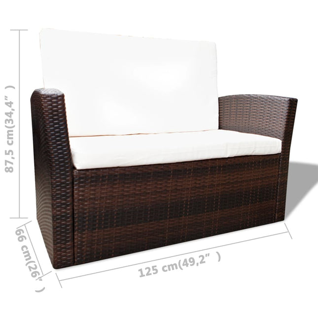 Salon de jardin avec table basse résine tressée marron et coussins crème