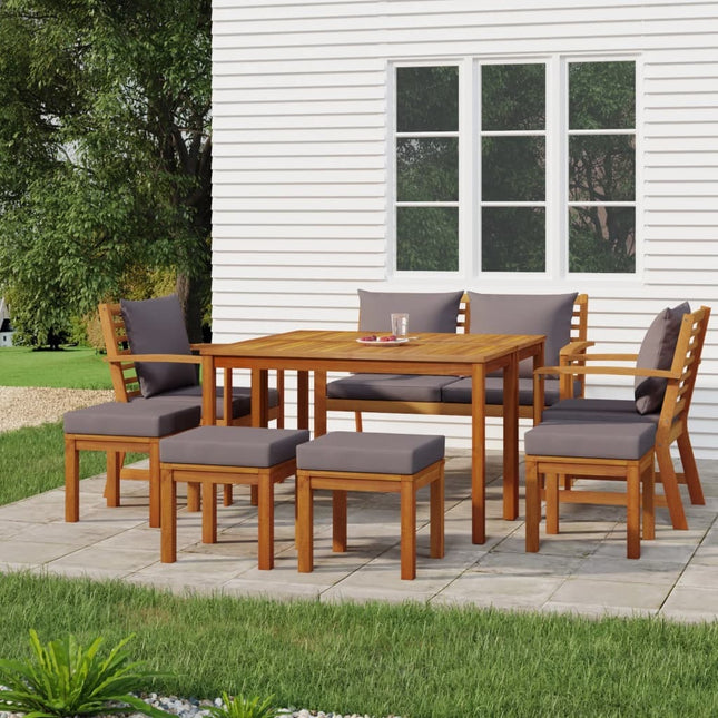 Salon de jardin avec banc, 2 fauteuils, 4 tabourets et coussins gris
