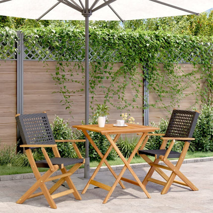 Table carrée et 2 chaises de jardin pliantes en résine tressée noire et bois d'acacia massif