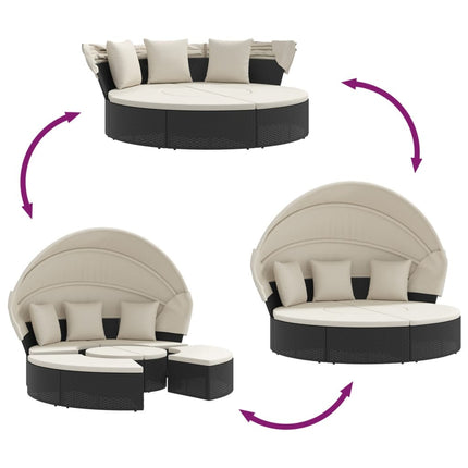 Lit de repos d'extérieur rond avec auvent et coussins crème en résine tressée noire