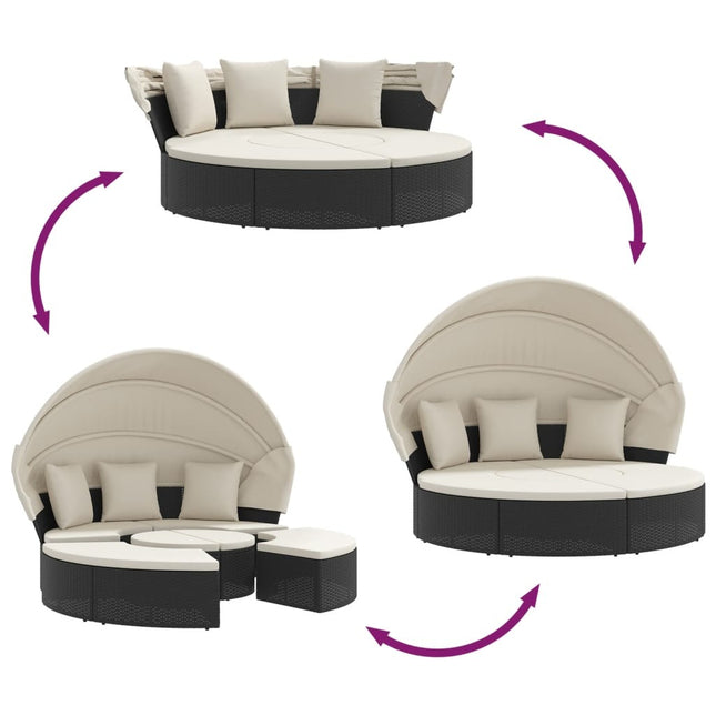 Lit de repos d'extérieur rond avec auvent et coussins crème en résine tressée noire