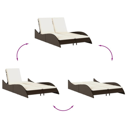 Bain de soleil double en résine tressée marron avec coussins crème