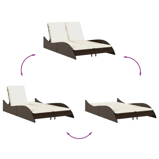 Bain de soleil double en résine tressée marron avec coussins crème