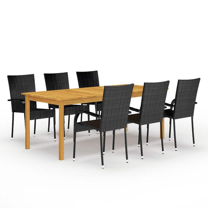 Table et 6 chaises de jardin en résine tressée noire et acacia massif