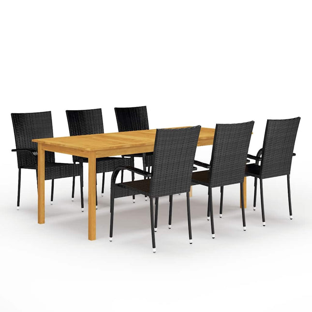 Table et 6 chaises de jardin en résine tressée noire et acacia massif