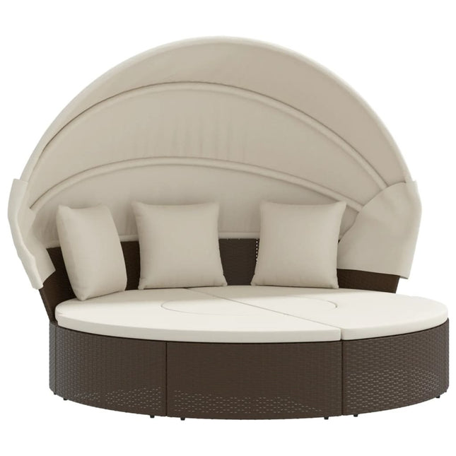Lit de repos d'extérieur rond avec auvent et coussins crème en résine tressée marron