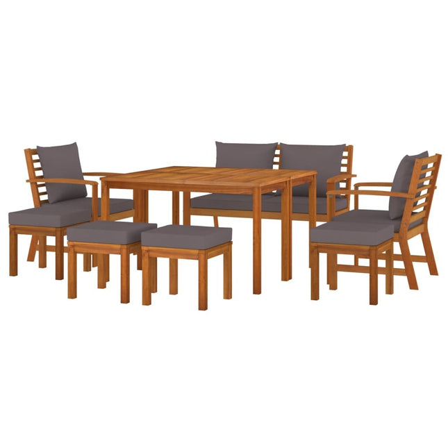 Salon de jardin avec banc, 2 fauteuils, 4 tabourets et coussins gris