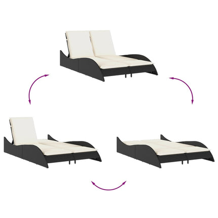 Bain de soleil double en résine tressée noire avec coussins crème