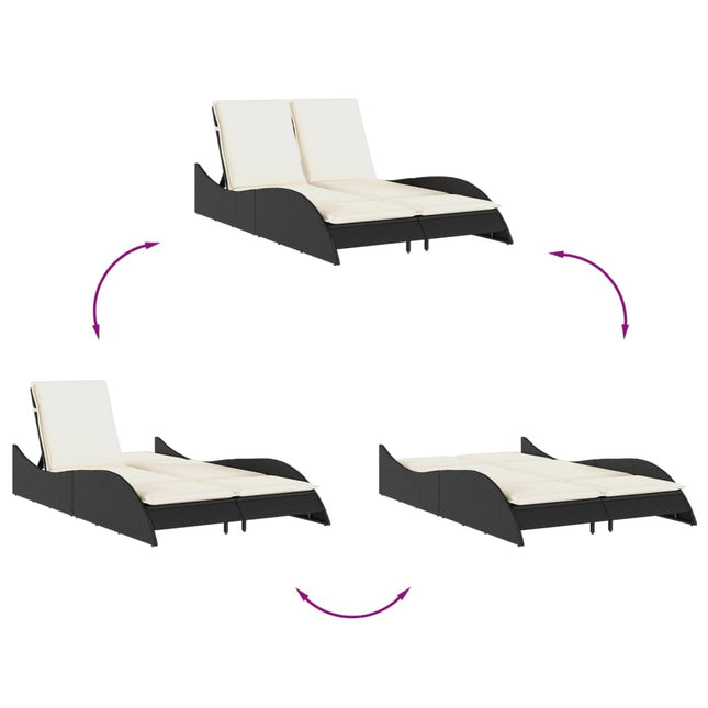 Bain de soleil double en résine tressée noire avec coussins crème
