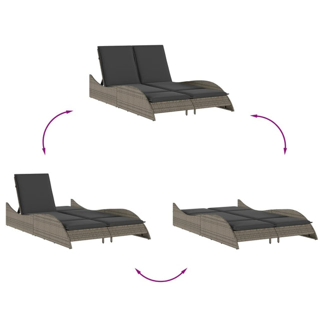 Bain de soleil double en résine tressée gris chiné avec coussins crème