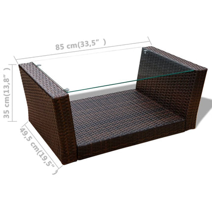Salon de jardin avec table basse résine tressée marron et coussins crème