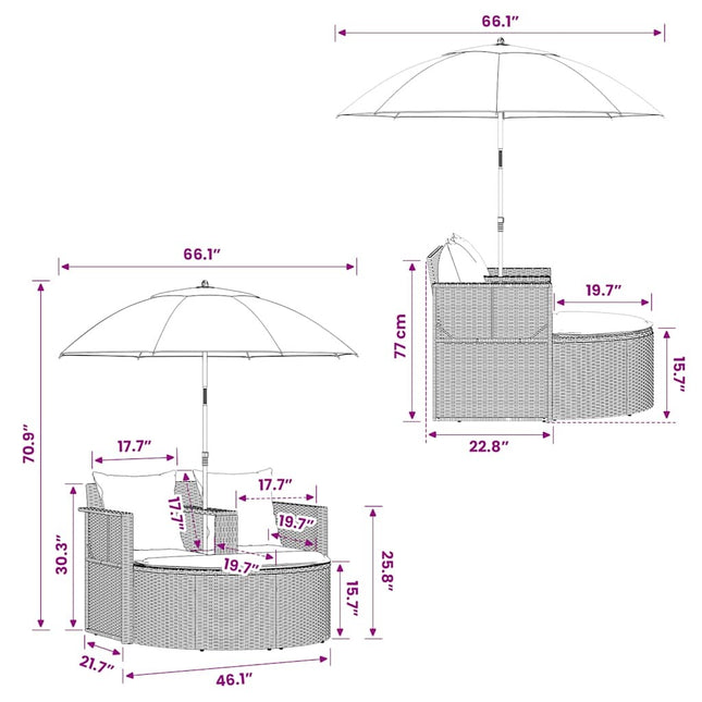 Canapé de jardin 2 places avec parasol résine tressée grise