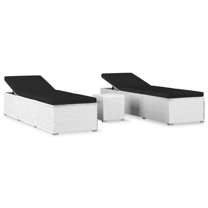 Ensemble de 2 bains de soleil avec table d'appoint en résine tressée blanche et coussins noirsse