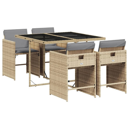 Table en verre trempé noir et 4 fauteuils de jardin en résine tressée beige et coussins gris
