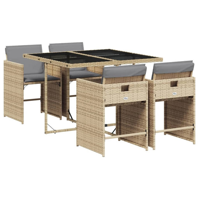 Table en verre trempé noir et 4 fauteuils de jardin en résine tressée beige et coussins gris