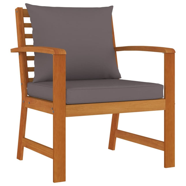 Salon de jardin avec banc, 2 fauteuils, 4 tabourets et coussins gris