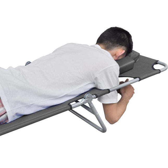 Transat pliant gris avec coussin de tête et dossier réglable