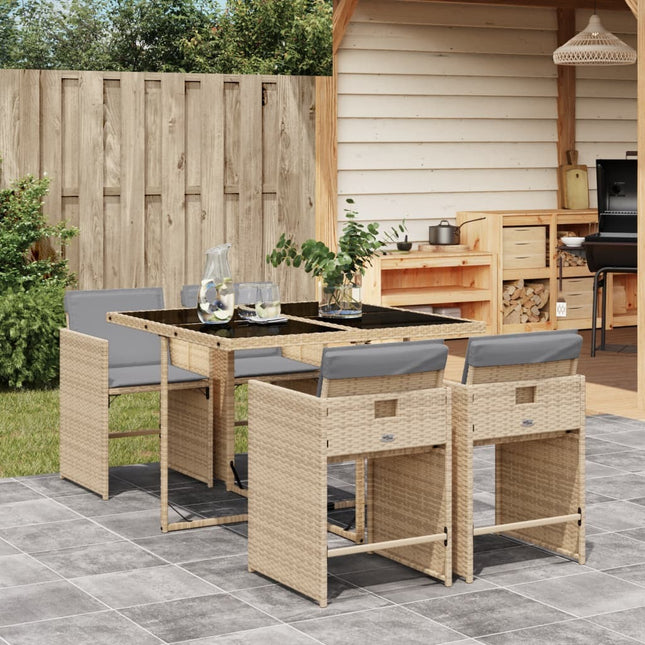 Table en verre trempé noir et 4 fauteuils de jardin en résine tressée beige et coussins gris