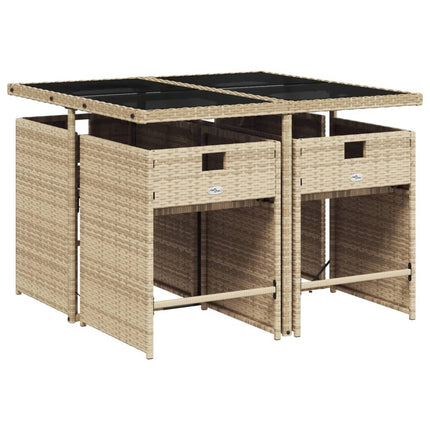 Table en verre trempé noir et 4 fauteuils de jardin en résine tressée beige et coussins gris