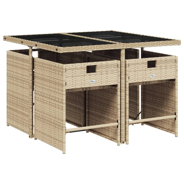 Table en verre trempé noir et 4 fauteuils de jardin en résine tressée beige et coussins gris