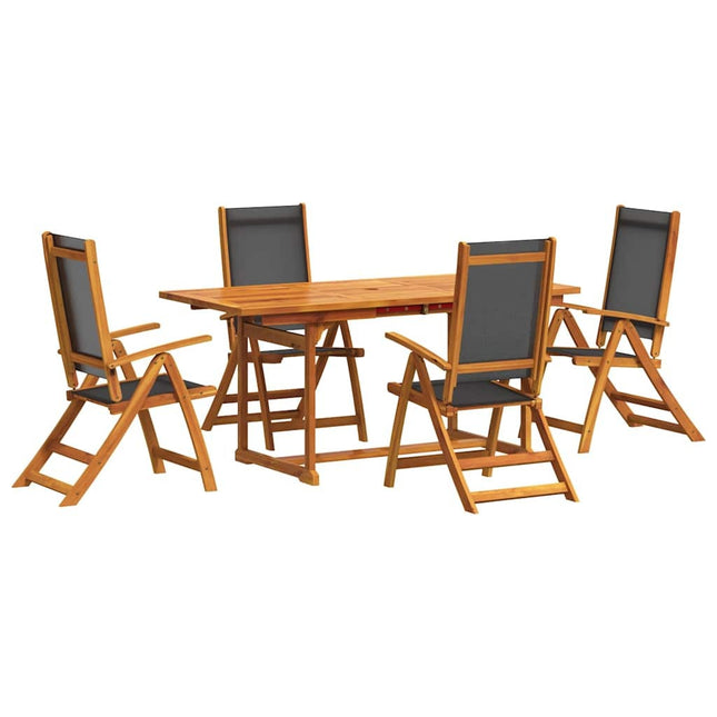 Table extensible et 4 fauteuils inclinables de jardin en acacia massif et textilène noir 120-170 cm