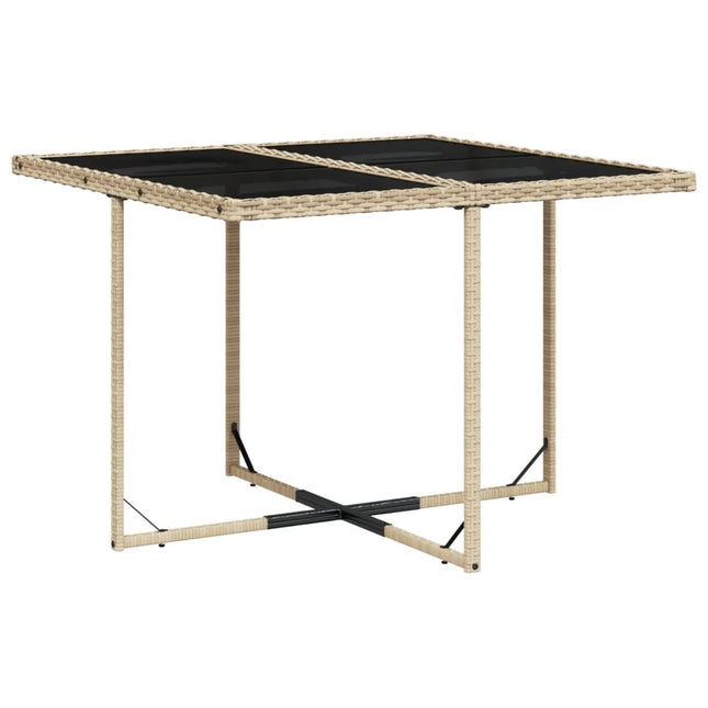 Table en verre trempé noir et 4 fauteuils de jardin en résine tressée beige et coussins gris
