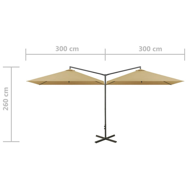 Parasol de jardin double avec mât en acier taupe 600 x 300 cm