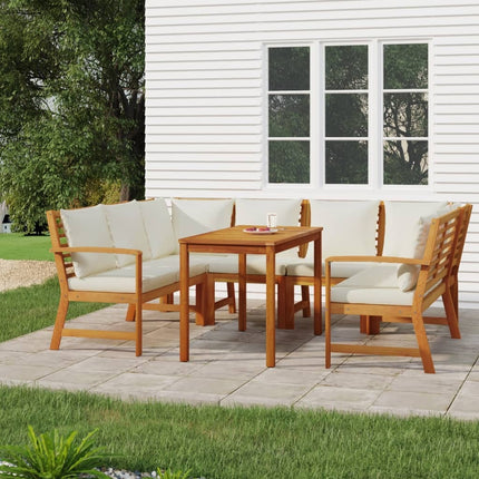 Salon de jardin en acacia massif avec coussins crème et modules lounge