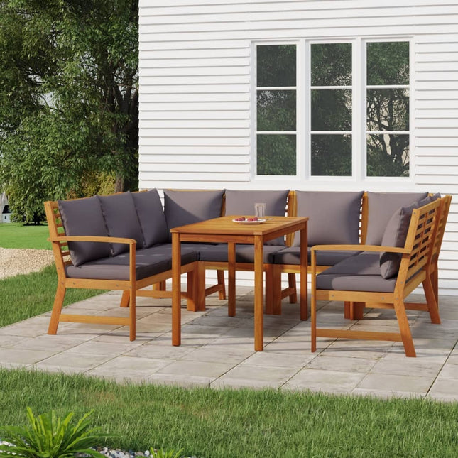 Salon de jardin en acacia massif avec coussins crème et modules lounge