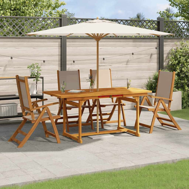 Table extensible et 4 fauteuils inclinables de jardin en acacia massif et textilène taupe 120-170 cm