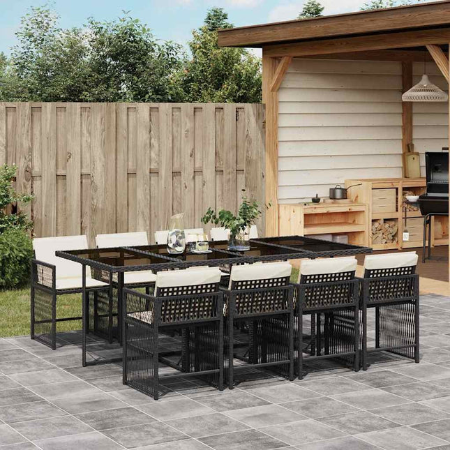 Table et chaises de jardin 8 places en résine tressée noire avec coussins