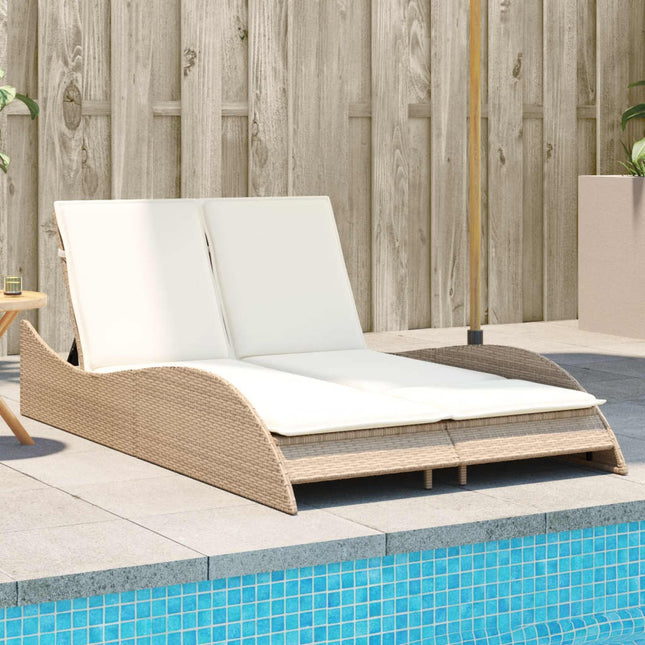 Bain de soleil double en résine tressée beige avec coussins crème