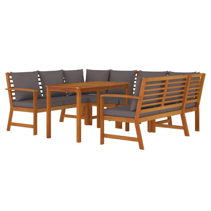 Salon de jardin en acacia massif avec coussins crème et modules lounge