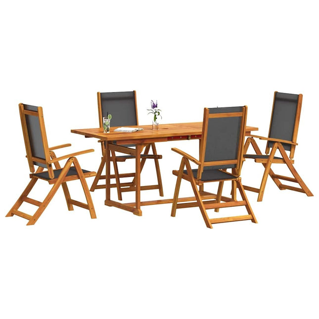 Table extensible et 4 fauteuils inclinables de jardin en acacia massif et textilène noir 120-170 cm