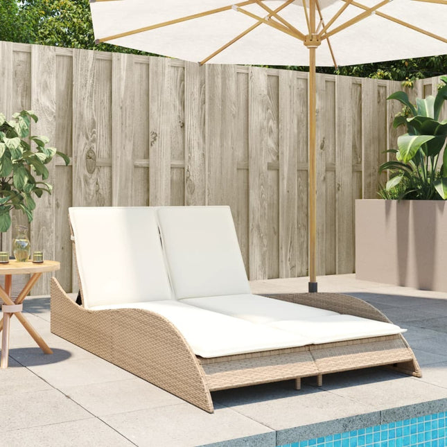 Bain de soleil double en résine tressée beige avec coussins crème