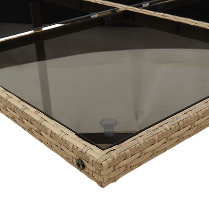Table en verre trempé noir et 4 fauteuils de jardin en résine tressée beige et coussins gris