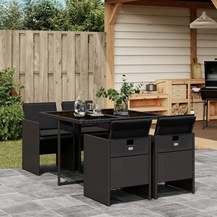 Table et chaises de jardin 4 places gain de place en résine tressée noire avec coussins