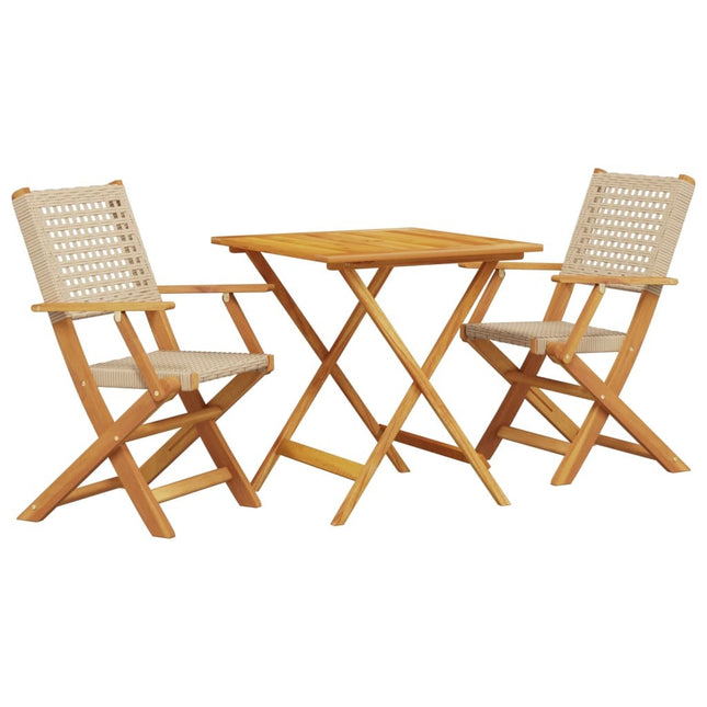 Table et chaises de jardin 2 places pliantes en résine tressée beige et bois d'acacia massif