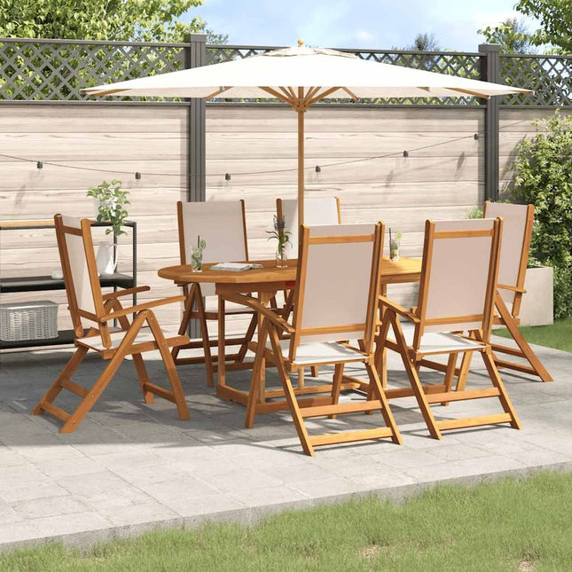 Table ovale extensible et 6 fauteuils inclinables de jardin en acacia massif et textilène crème